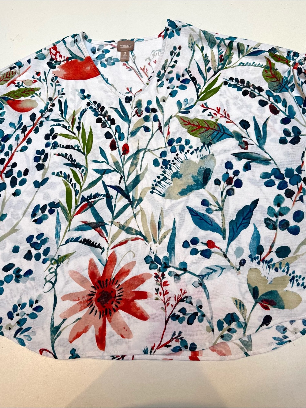 Chico's White Floral V-Neck Blouse with Teal, Coral & Green Print